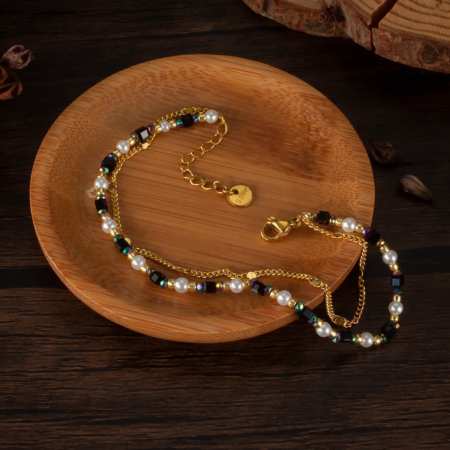 Wholesale Natural Stone Rubber Beads Stainless Steel Double Layer Stacking Bracelets